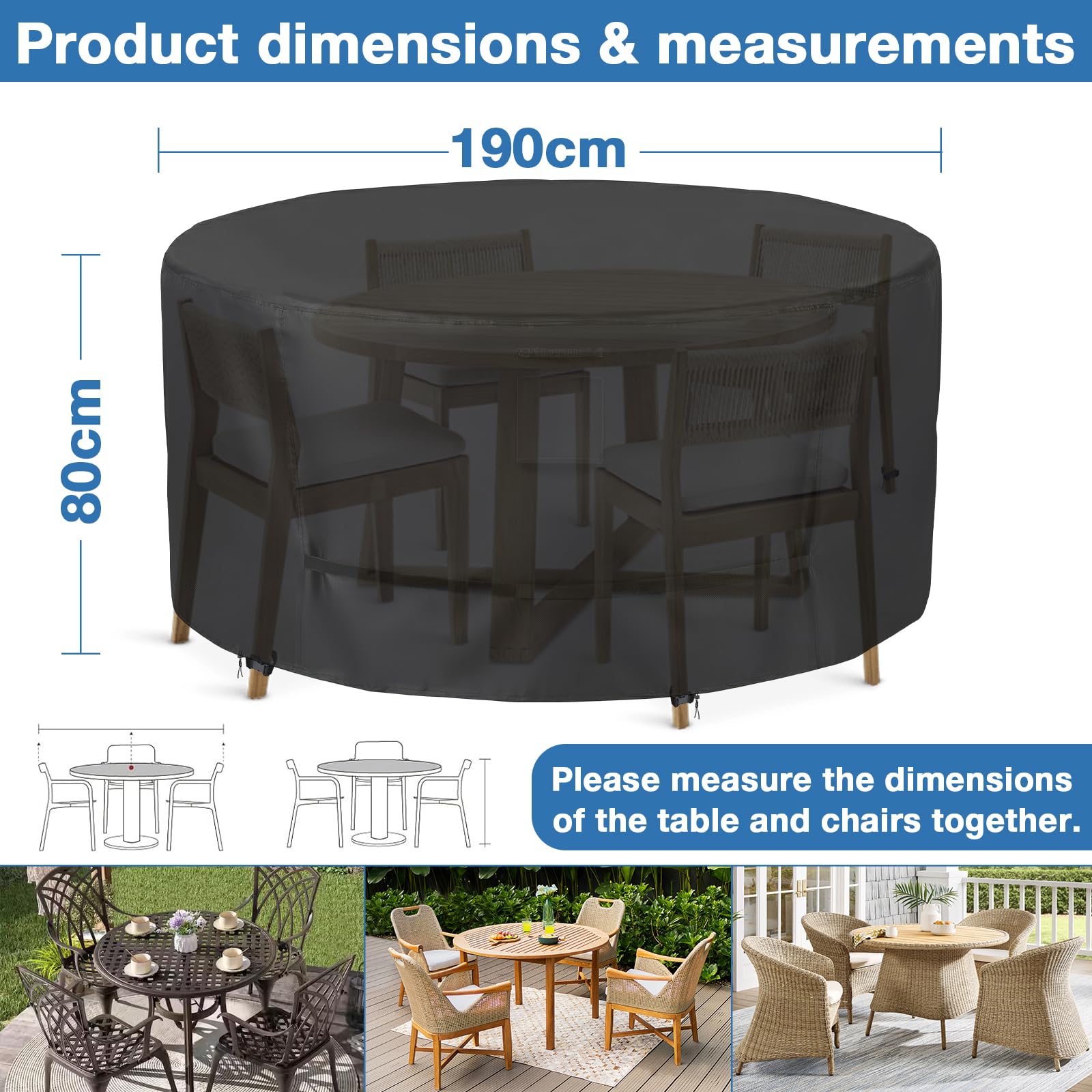 GARPROVM Housse ronde pour table de jardin 420D Oxford 420D imperméable coupe-vent anti-UV avec aérations et sangles Noir 190 x 80 cm