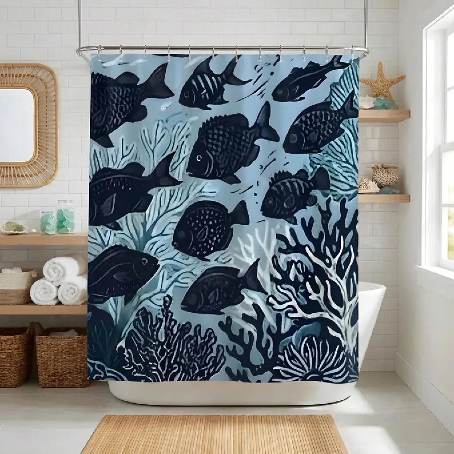 GLKSDLPO Coastal Underwater Fish School Shower Curtain, Linocut Design, Ocean Coral Bathroom Decor, Bathroom Accessories(180x300cm/71x118in(WxH)