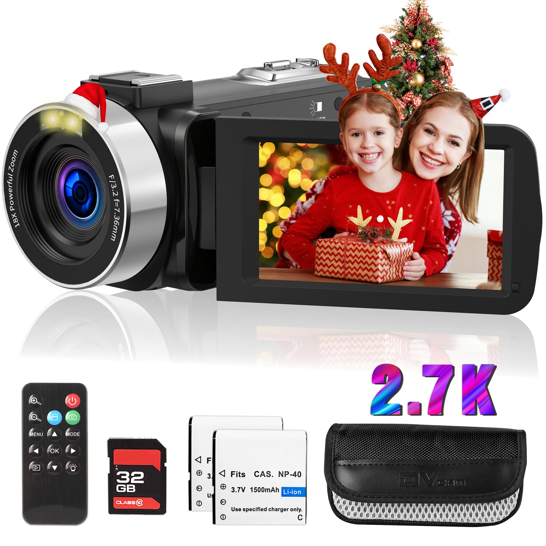 Weochi Video Camera Camcorder 2.7K HD 42.0 MP 18X Digital Zoom 1080P Vlogging YouTube Recorder, 270 Degree Rotation 3.0 Inch Screen with 2 Batteries Inculde 32GB SD Card