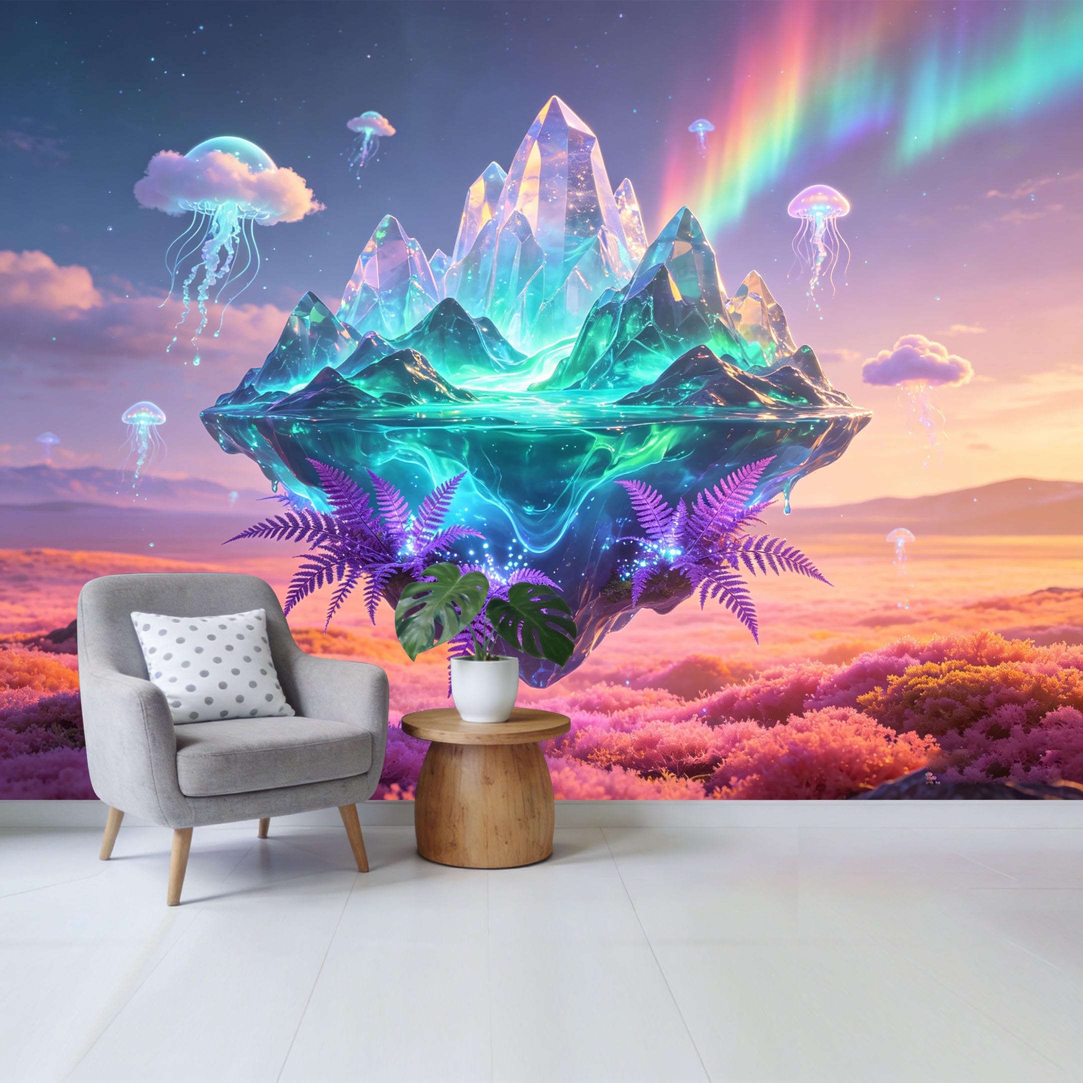 Qzlithotic Yq2605250241 Custom Size Wall Mural Fantasy Floating Crystal Mountain Jellyfish Aurora 3D Surreal Landscape Selfadhesive Wall Fabric Removable Wallpaper For Home Office Decor