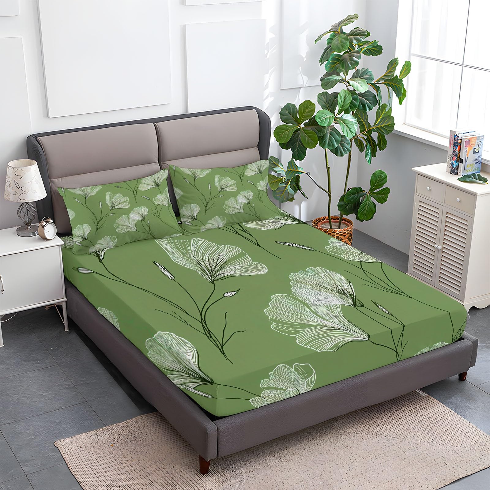 Zielone prześcieradło z gumką 180 x 200 cm minimalizm dzikie kwiaty linie, miękkie i można prać w pralce prześcieradło pod narożnikami elastyczne do wysokości materaca do 30 cm