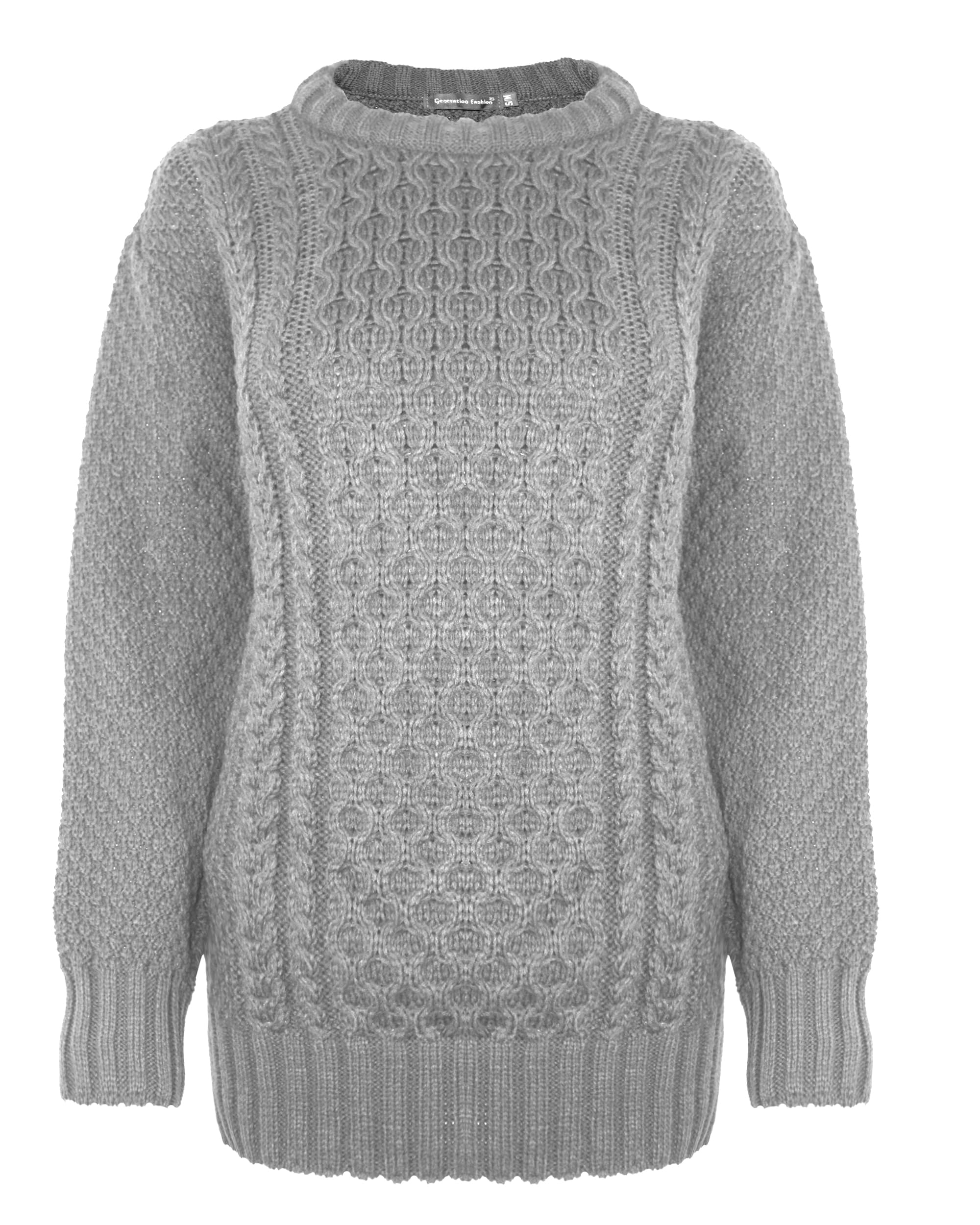 Generation Fashion New Ladies Women Aran Knit Long Sleeve Crew Neck Knitted Cable Jumper Sweater Pullover Top 8-30 (Grey, 28-30)
