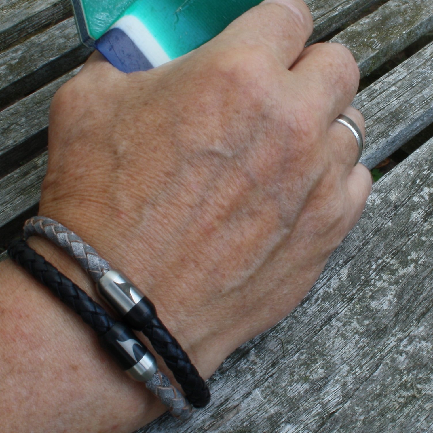 Echt Leder-Armband Maui G Schwarz/SW/SI Herren