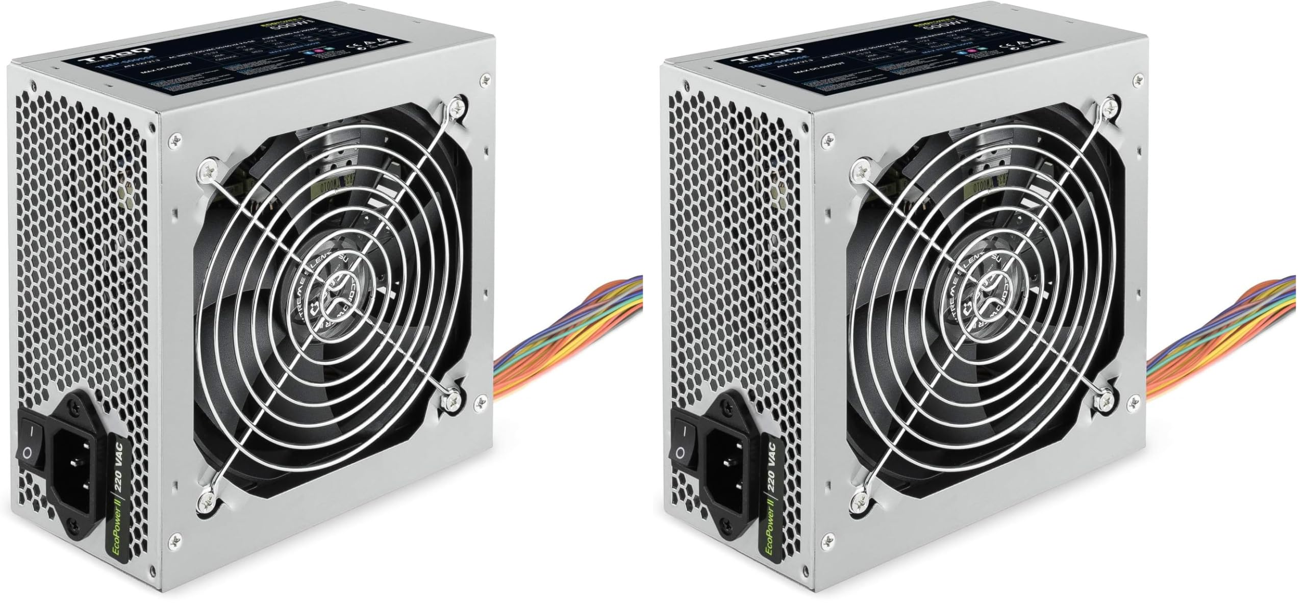 Tooq TQEP-500SSE - Fuente de Alimentacion Ecopower II de 500W con PFC Activo, Ventilador silencioso de 120mm con Control automatico de Velocidad, (ATX 12V V1.3, CE/RoHS, Color Plata) (Paquete de 2)
