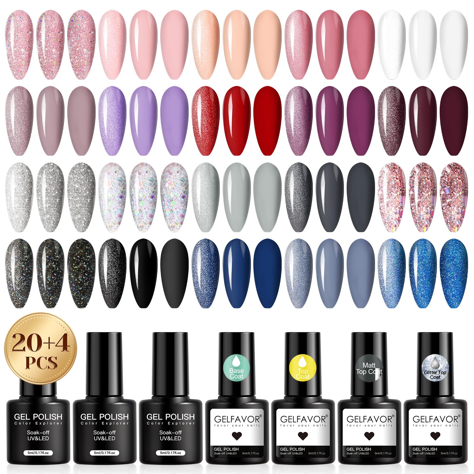GELFAVOR Esmaltes Semipermanentes Para Uñas, 24 Piezas Mini Rose Nude Blanc Violet Rouge Colores Esmaltes Semipermanente UV LED Pintauñas Semipermanentes Nail Art Manicure Regalo