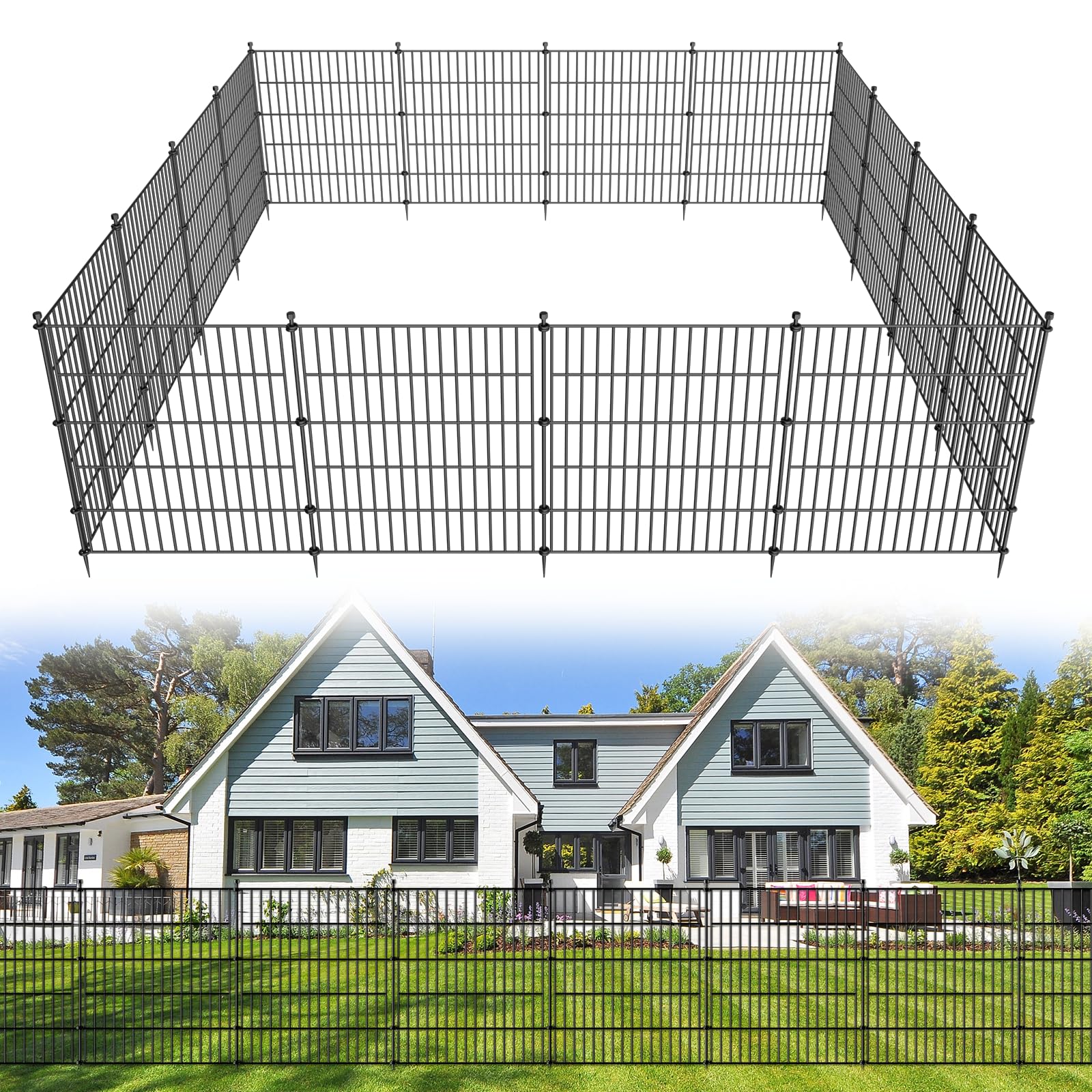 15 Panels No Dig Decorative Outdoor Garden Fence for Yard, 32 in(H) X 35.4 ft(L) Animal Barrier Fencing Rustproof Metal Wire Panel Border for Dog, Rabbits, and Patio Temporary Ground Stakes