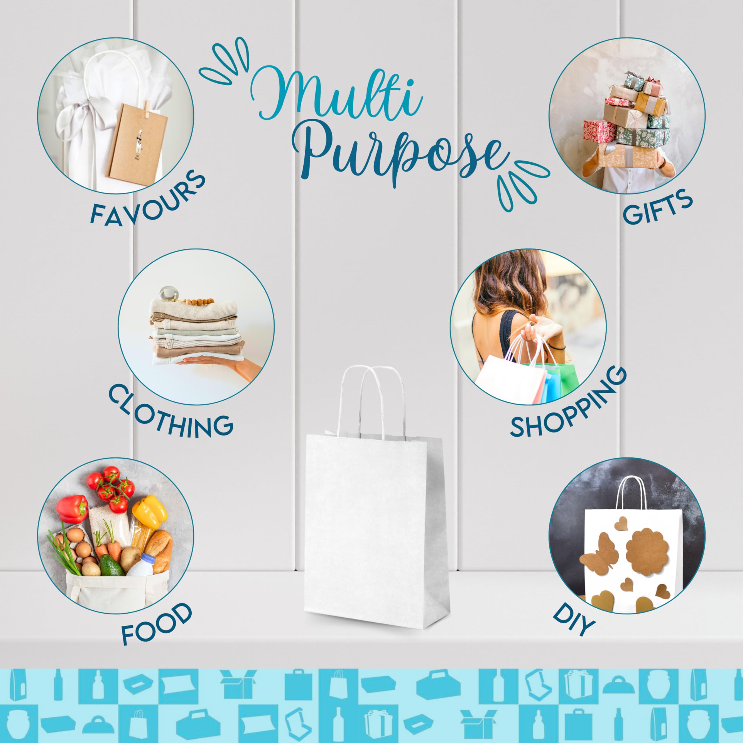100 Bolsas de Papel Kraft Blanco con Asas 25x10x32 cm – Bolsas de Regalo y Compra para Tienda, Bodas y Fiestas | Espirito Rebelde