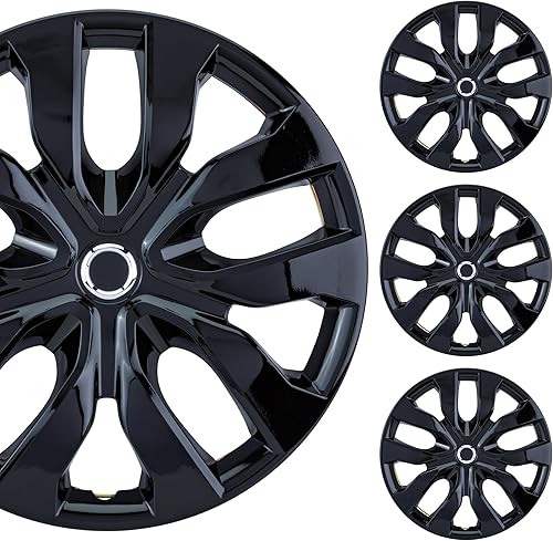 Juego de tapacubos universal de 16 pulgadas, color negro brillante, juego de 4 unidades, ajuste universal para llantas de base de 16 pulgadas Brillo