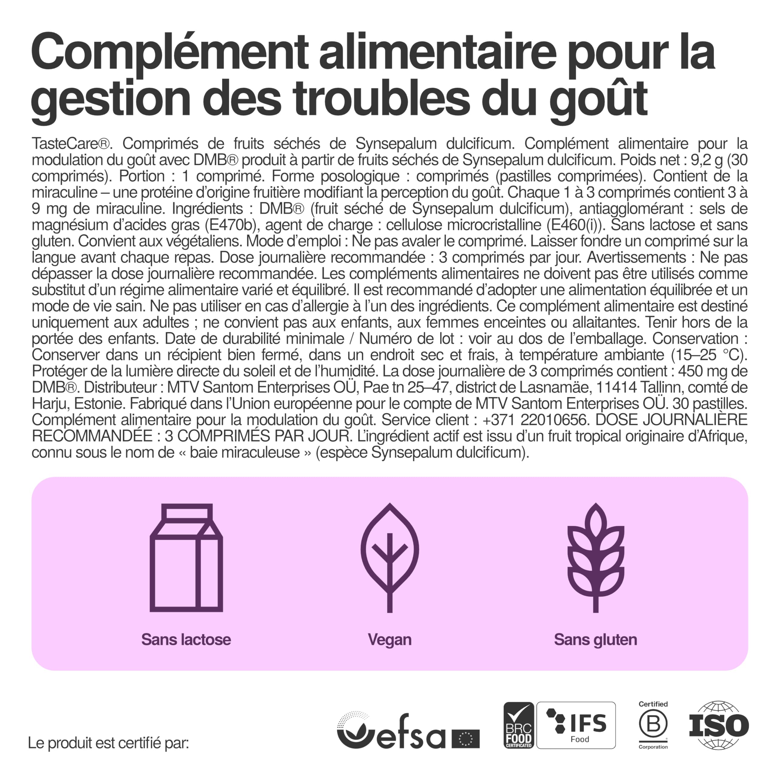 TasteCare Pastilles de Baie du Miracle | 30 Comprimés Baie Miracle | Miracle Berry | Miraculine Naturelle | Transforme l'Acide en Sucré | Sans Sucre | Collation Saine et Fête | Fabriqué en UE