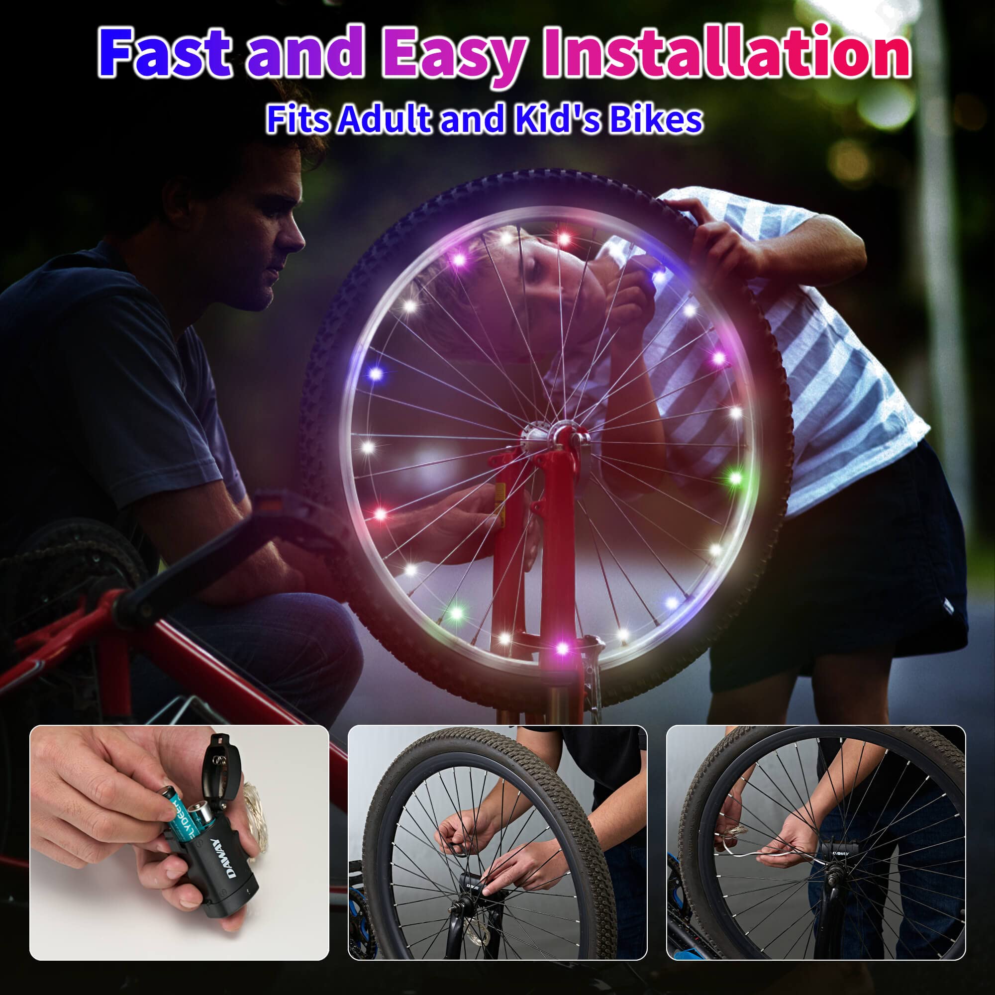 DAWAY A01 Lot de 2 lumières LED pour roues de vélo - 16 modes - Sécurité étanche - 7 couleurs en 1 - Accessoires de décoration pour enfants et adultes - Avec batterie