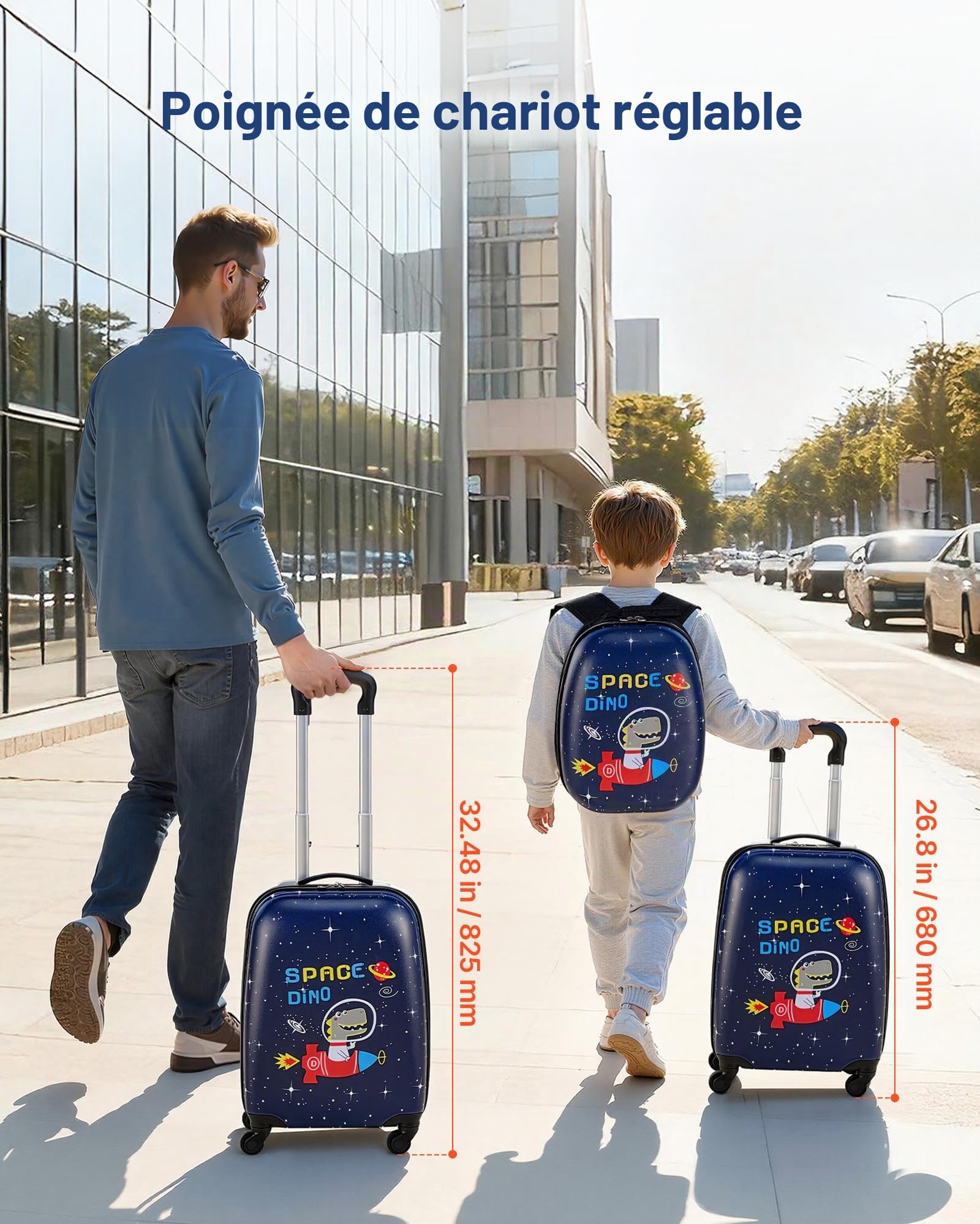 VEVOR Valise Enfant 32x23x45 cm Bagage Enfant 2 PCS avec Valise Cabine à roulettes Pivotantes pour Enfants Fille Garçon et Sac à Dos Motif Dinosaure Coque Rigide, Approuvée par Compagnies Aériennes
