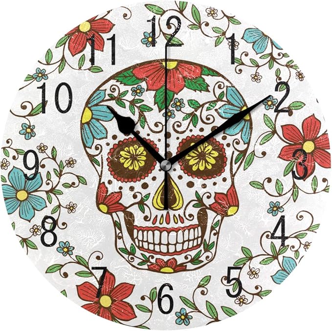 ALAZA Home Decor Floral Sugar Skull Day of The Dead Round Acrylic 9.5 Inch Wall Clock Non Ticking Silent Clock Art for Living Room Kitchen Bedroom(Black Pointer)
