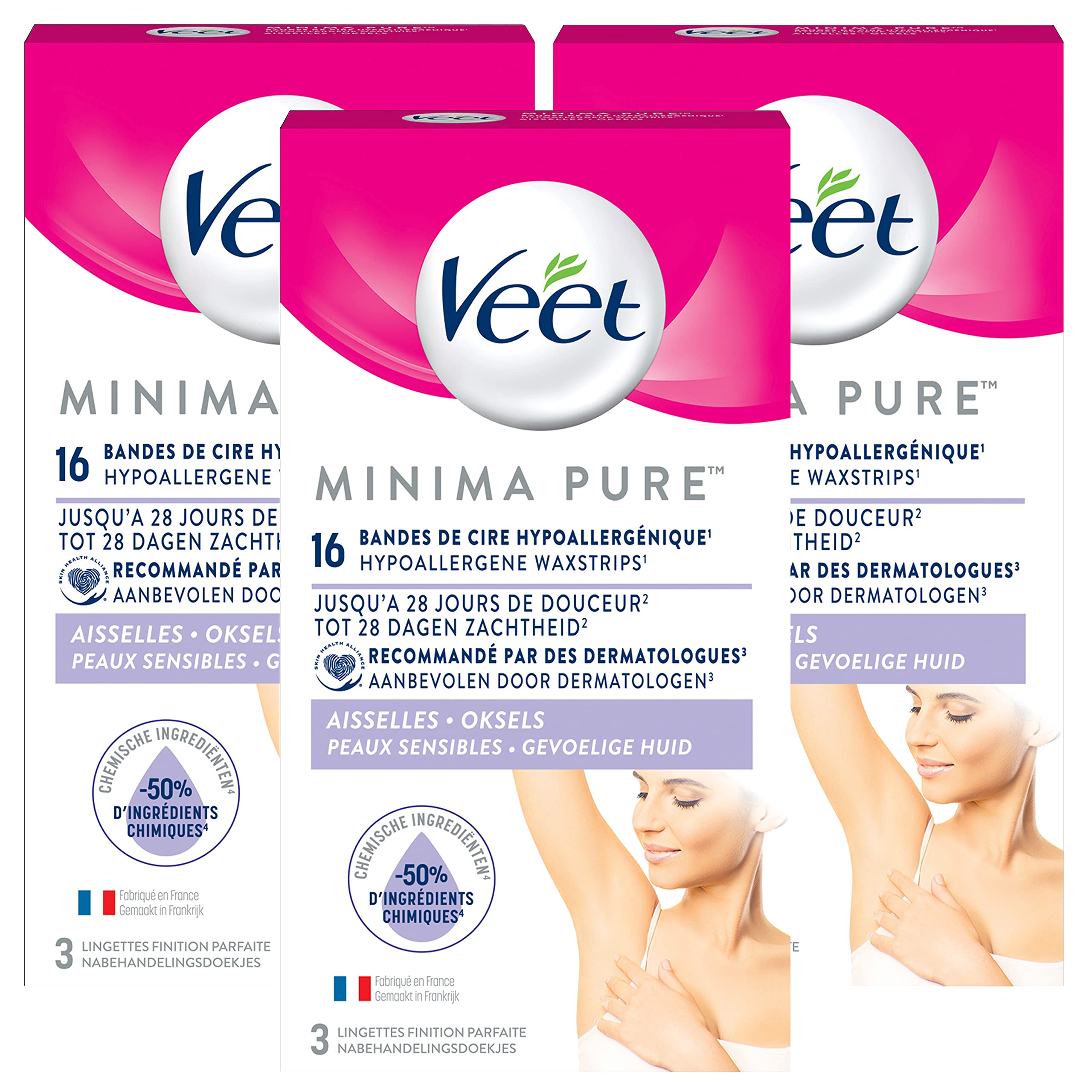 VEET PURE - Lot de 3 - 48 Bandes de cire froide Aisselles - Peaux Sensibles - Recommandés par les Dermatologues - Epilation Longue Durée