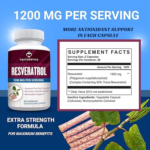 Miniatura 3 de TRUTHENTICS Suplemento de resveratrol de 1200 mg - Cápsulas de Knotweed japonesas - Suplementos nutricionales de resveratrol trans de alta potencia