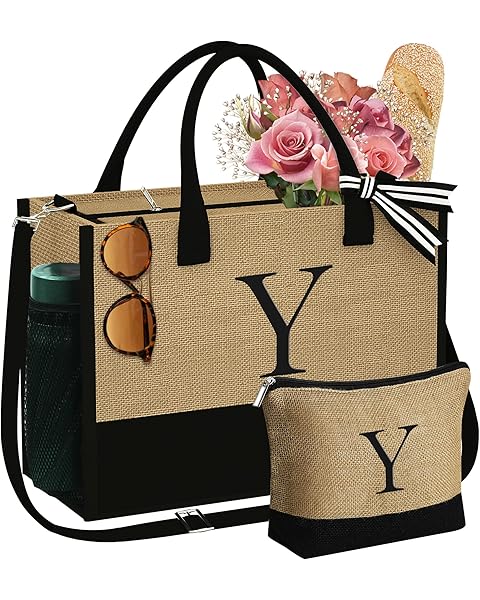 YOOLIFE Christmas Gifts for Women - Initial Jute Tote Bag & Makeup Bag, Birthday Gifts for Women Mom Wife Teacher Friend