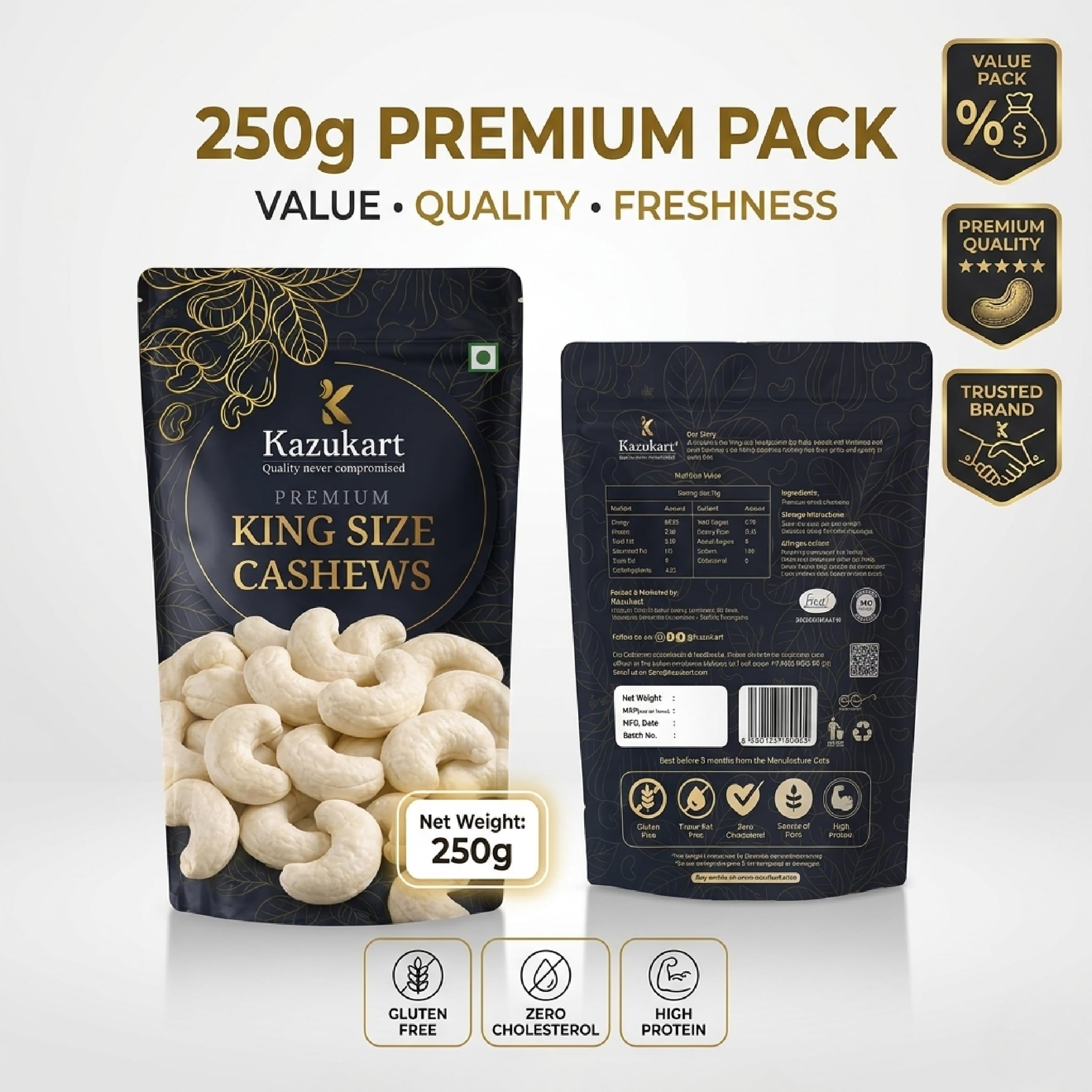 Kazukart Premium King Size Cashews 250g– Whole Crunchy & Creamy