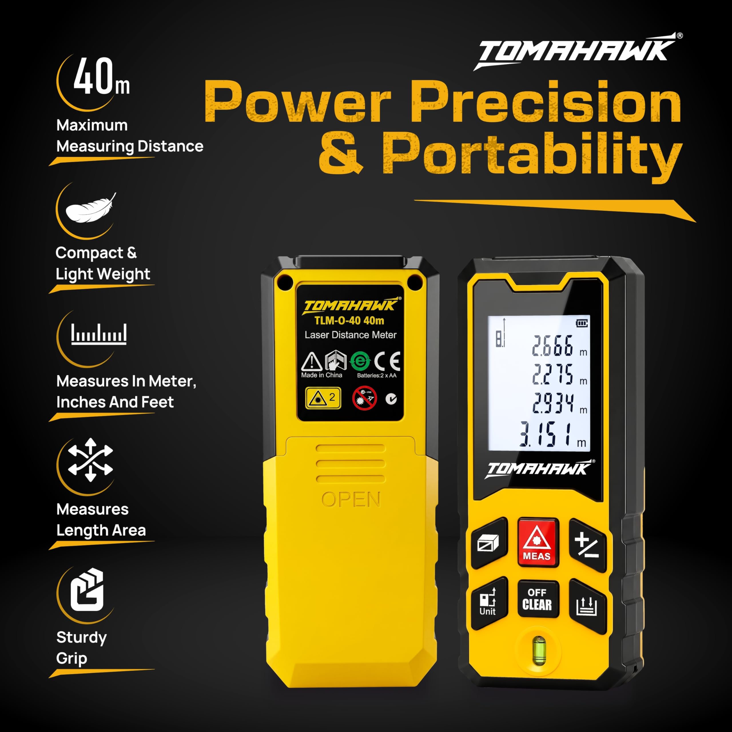 TOMAHAWK® TLM-O-40 Laser Distance Meter Measurer 131Ft/40M with Area, Volume and Pythagoras Measurement - Water and Dust Resistant Laser Measuring Device with Backlit LCD, Battery Included 3