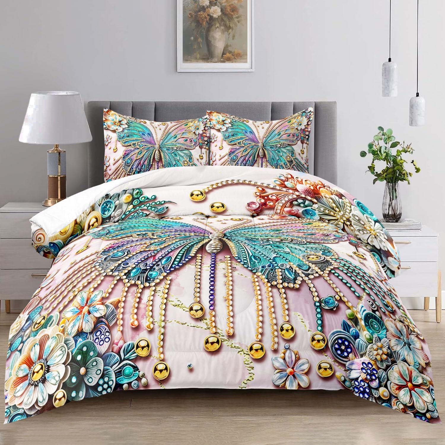 Raphus Cucullatus Butterfly Comforter Set, King, Pink - Cottage Core, Goth Botanical Bedding, Pretty Quilt Set Dhx18 King