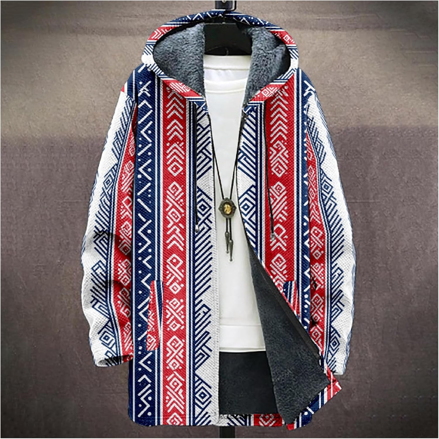 Cardigan Mens Hoodies Zip Up Aztec Tribe Ethnic Fleece Fall Oversized Novelty Open Front Drawstring Hooded Coat - Image 2