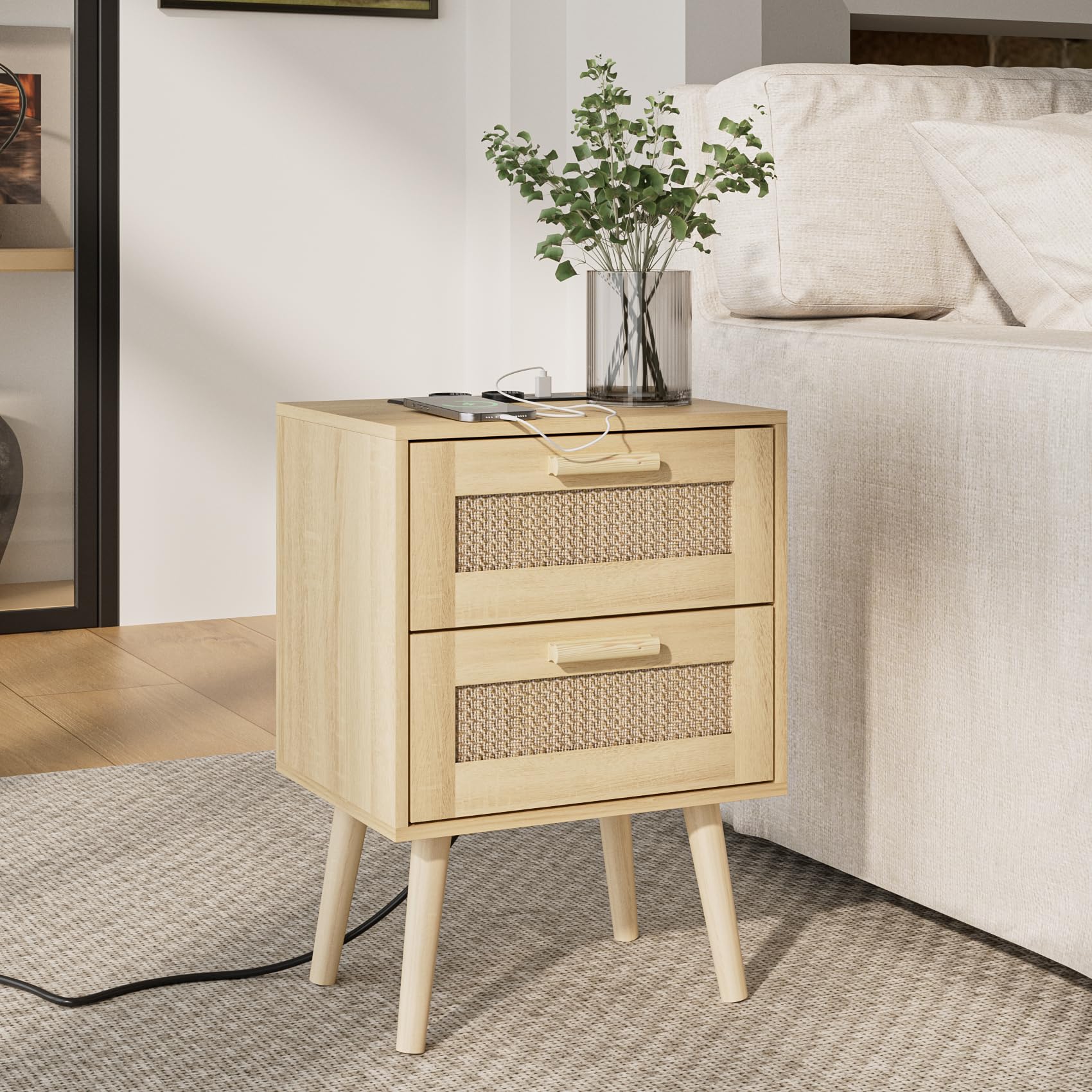 HEYZOEY Bedside Tables,End Table,Rattan Bedside Tables, Side Table with Hand Made Rattan Decorated Drawers,Wood Accent Nightstand with Storage for Bedroom、Living Room (Natural-color-Outlet)