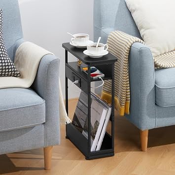 YEAKOO Narrow Side Table With Charging Station, 3 Tier End Table with 2 USB Ports & Power Outlets,Slim Sofa Side Table for Narrow and Small Spaces, Bedside Table Nightstand for Living Room,Black