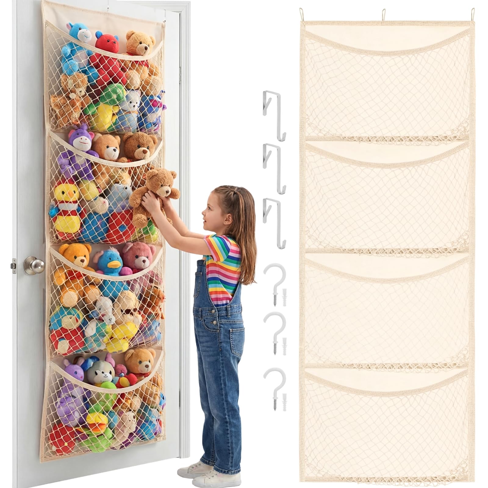 Wide Over The Door Stuffed Animal Organiser, Cotton Toy Storage Holder with 4 Large Pockets, Hanging Door Organiser for Nursery, Bedroom, Kids’ Room, Soft Toy Storage for Children & Baby Items -Wide
