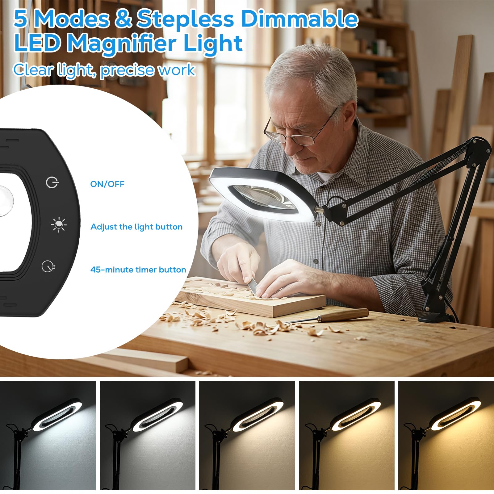 Moko Lupa 15X 30X con Luz Y Soporte, Lámpara De Escritorio con Pinza, Lupa con Luz Led Regulable Sin Escalonamientos Y 5 Modos De Color, Lupa De Escritorio para Trabajos De Precisión, Lectura, Negro