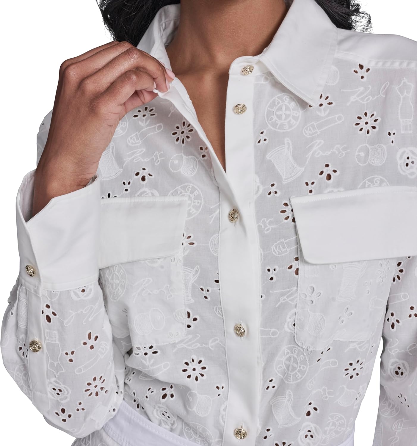 Karl Lagerfeld Women's Karl Motif Eyelet Button Down