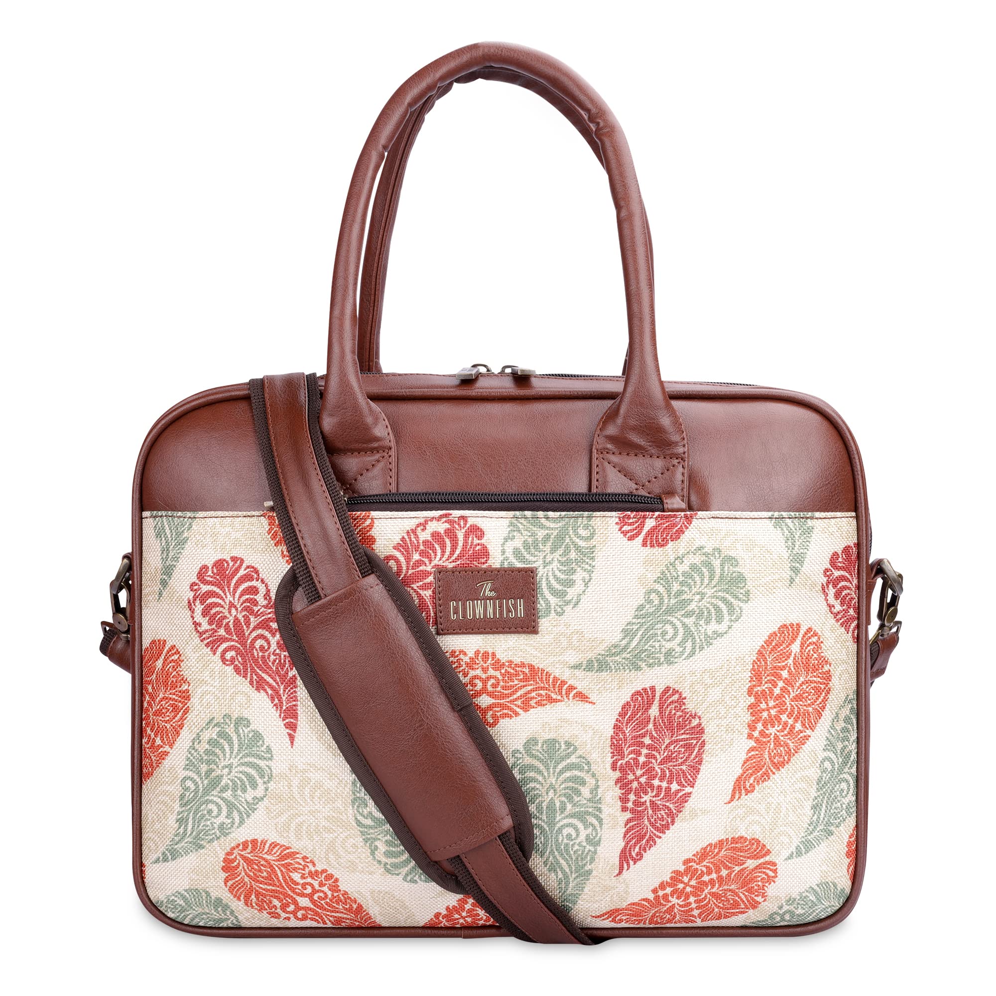THE CLOWNFISH Deborah series 15.6 inch Laptop Bag For Women Printed Handicraft Fabric & Faux Leather Office Bag Briefcase Messenger Sling Handbag Business Bag (Cream-Leaf Print) (B0BN8F5P1X) Amazon Price History, Amazon Price Tracker