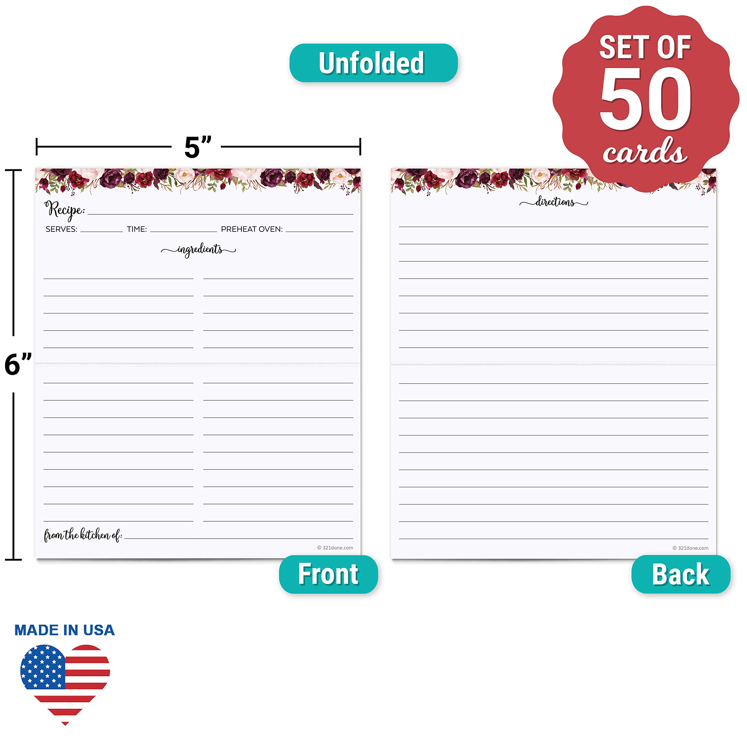 321Done Folding Recipe Cards (Set of 50) Floral Roses on White, From the Kitchen Of - Folds to 3x5 from 6x5 - Retro Vintage Wedding Baby Bridal Shower Gift Party - Made in USA - Double-Sided, Folded