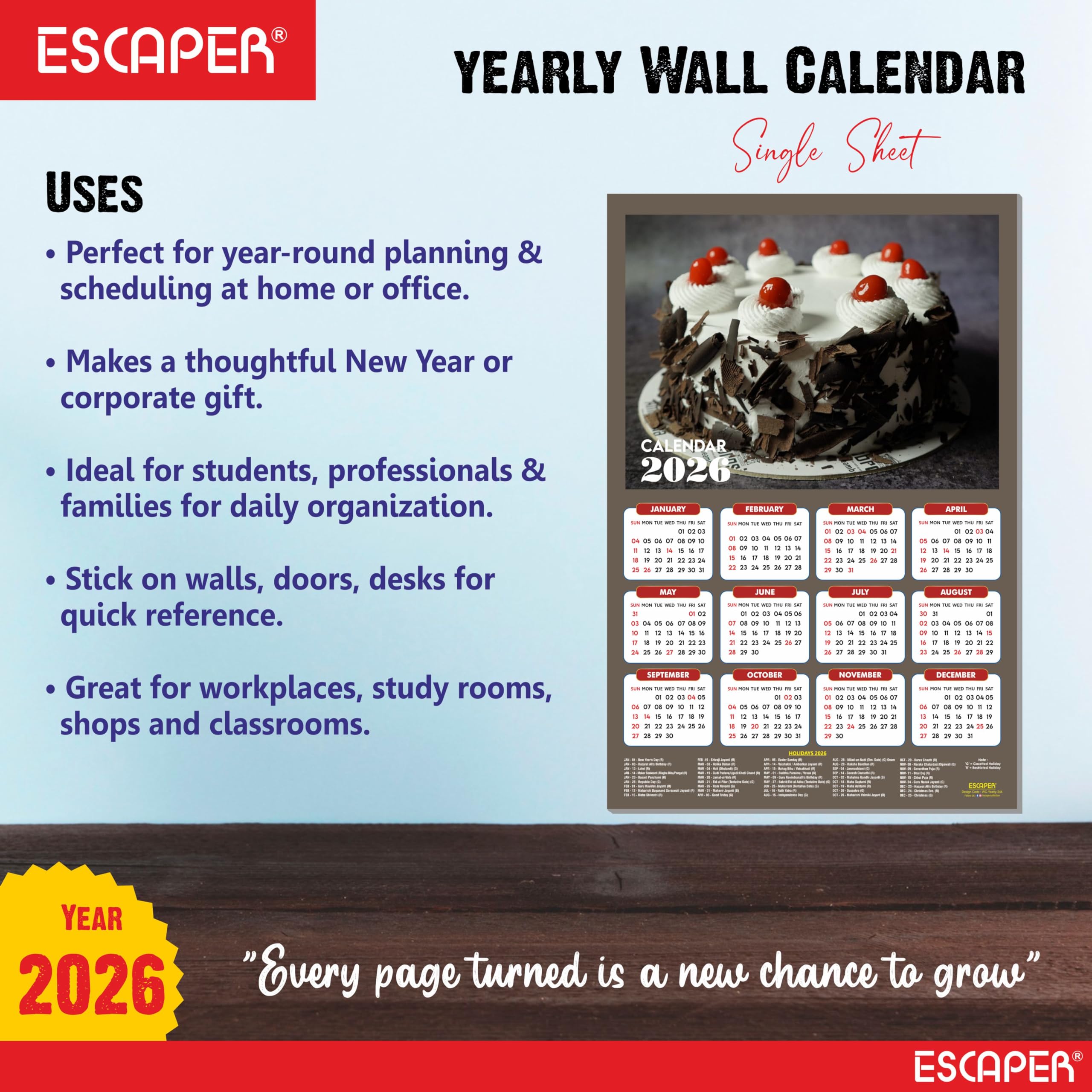 ESCAPER Calendario de pared 2026 con platos de comida, 45 x 30 cm, panadería, cafetería, pizza, comida rápida y cocina china, calendario de decoración de pared para el hogar, cocina y restaurante