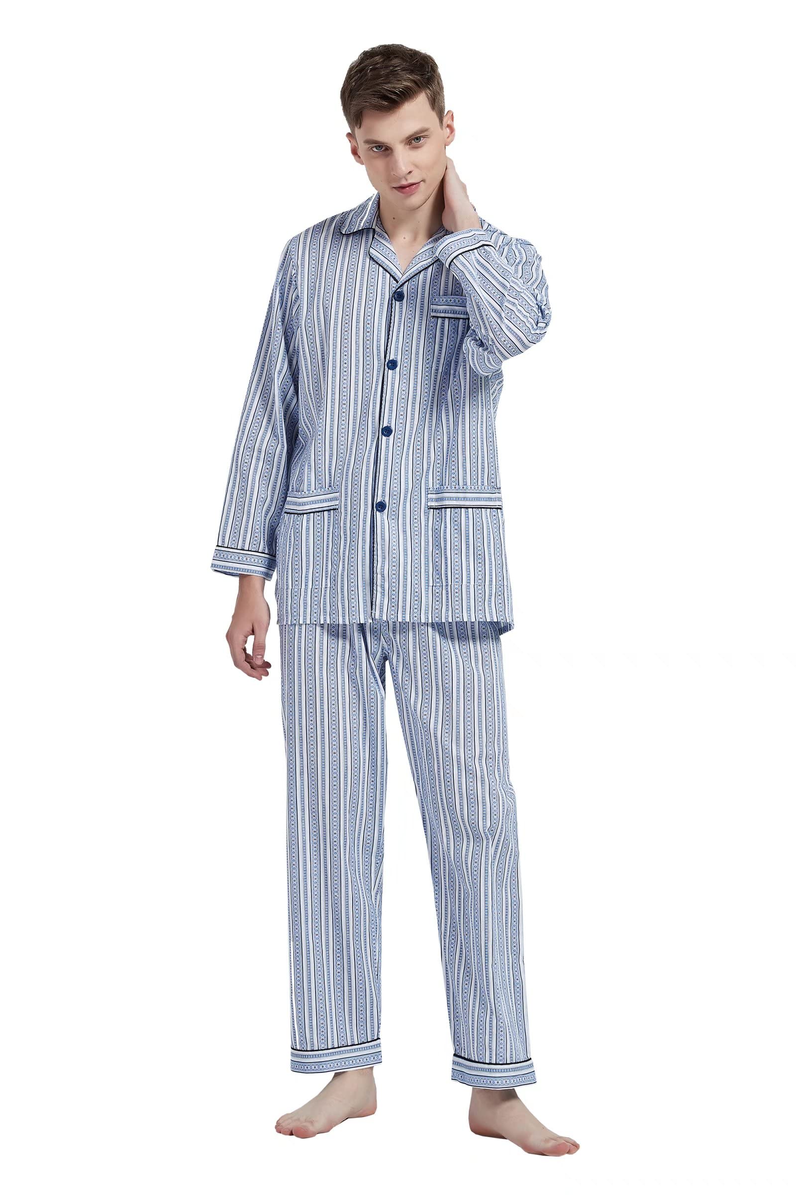 amaxer Mens 100% Cotton Pajamas Set Long Sleeve Pjs Button Fly Pants Soft Elastic Drawstring Waistband Bottoms-picture-27