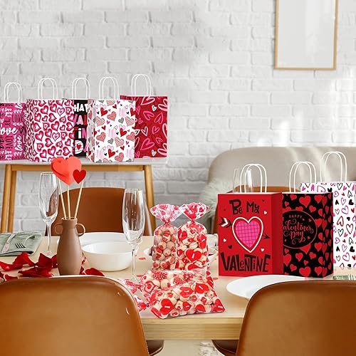 Miniatura 7 de Tatuo 32 bolsas de regalo para el día de San Valentín, bolsas de papel kraft en forma de corazón con 60 bolsas de celofán para bodas, fiestas de San