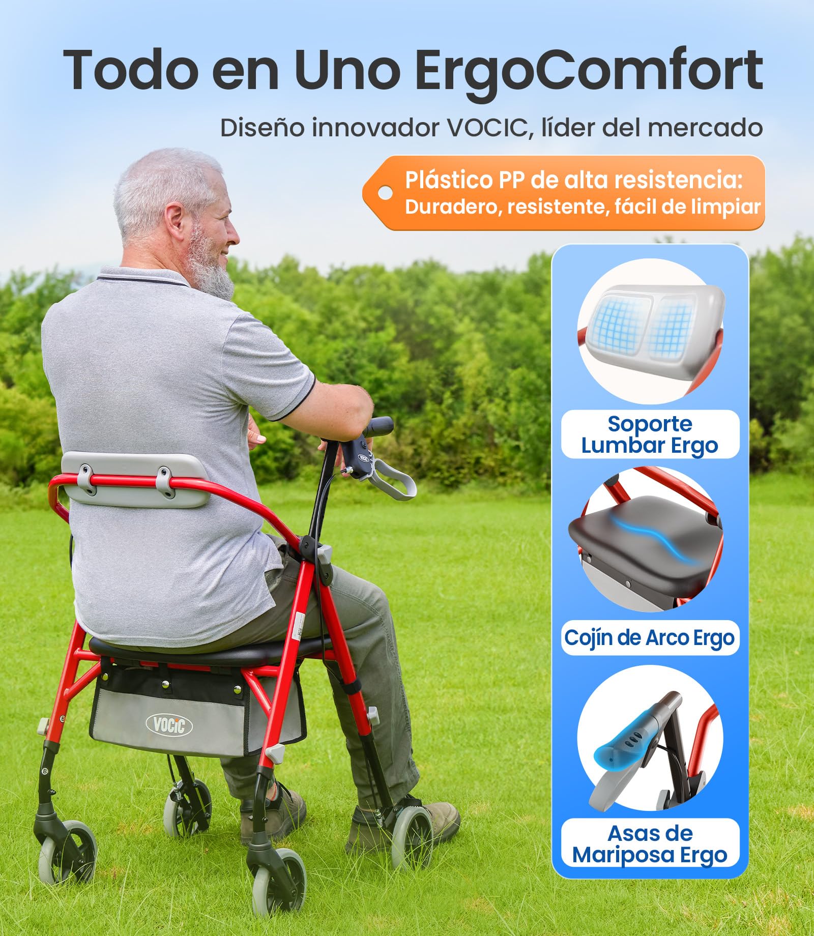 VOCIC Andador plegable ligero con asiento, 6,3kg Ultraligero, Max 150 kg | andador para ancianos con ruedas, asiento ergonómico, altura regulable, Walker estrecho para apartamento & viajes, rojo