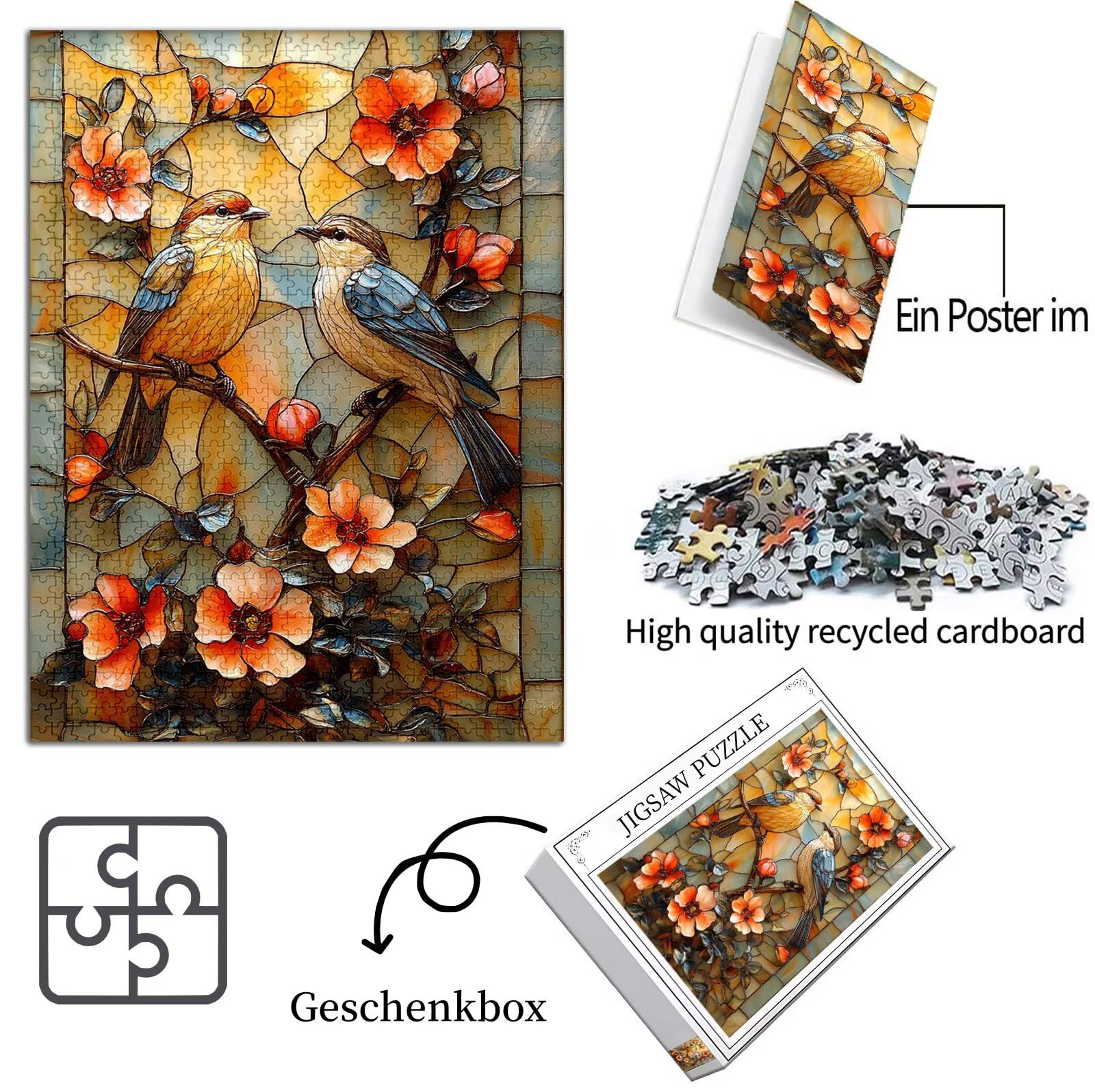 Uccello Puzzle 1000 Pezzi Grandi Dimensioni per Adulti, Puzzle Fiore Motivo Progettazione Compact Box e Poster Incluso per Home Room Wall Decor, Regalo Donna, Men Gifts, Legna Jigsaw 75x50cm, Model608