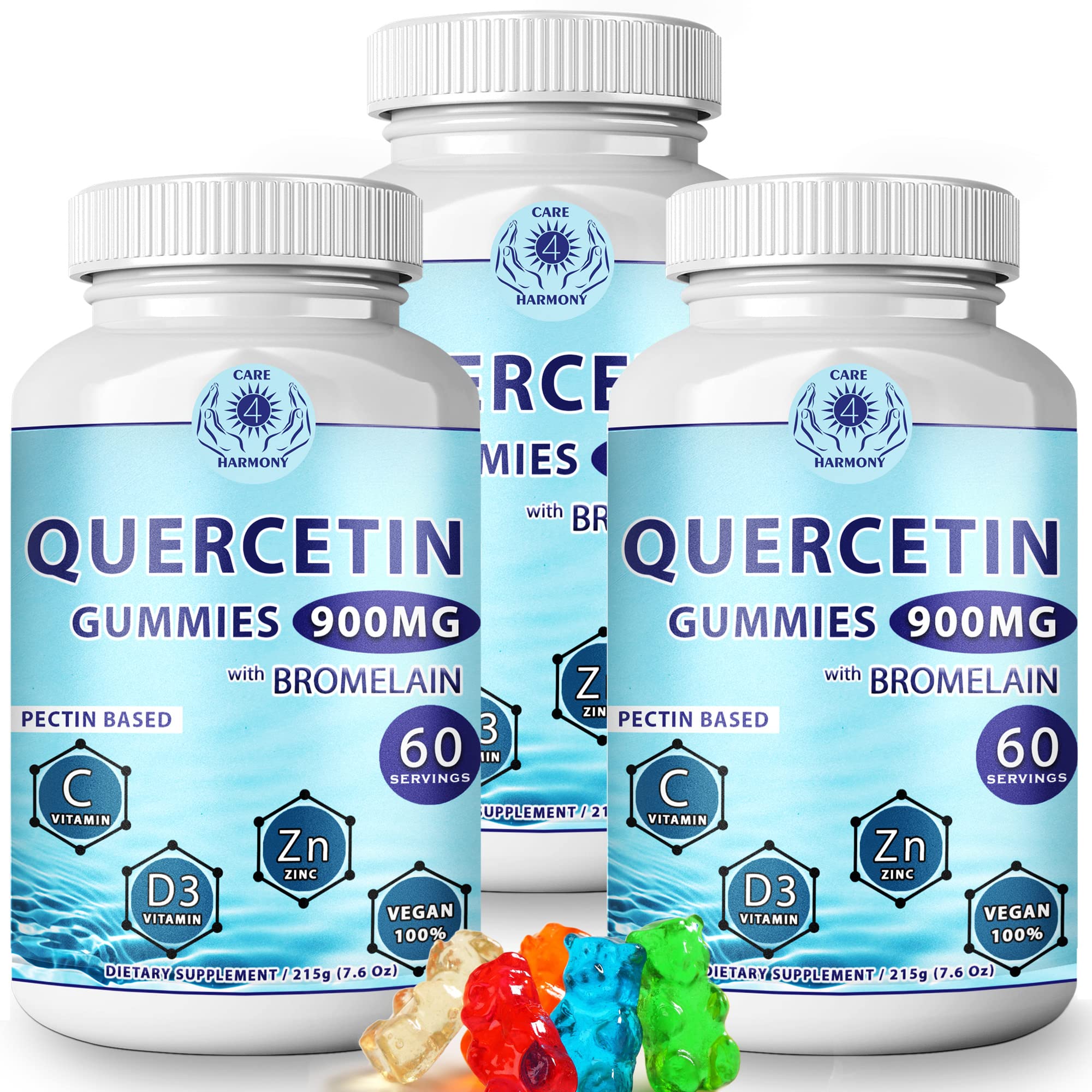 (3Pack) Quercetin Gummies - Quercetin with Bromelain Vitamin C + Zinc Vitamin D3 – Chewable Quercetin 900mg Supplements - Quercetin for Kids and