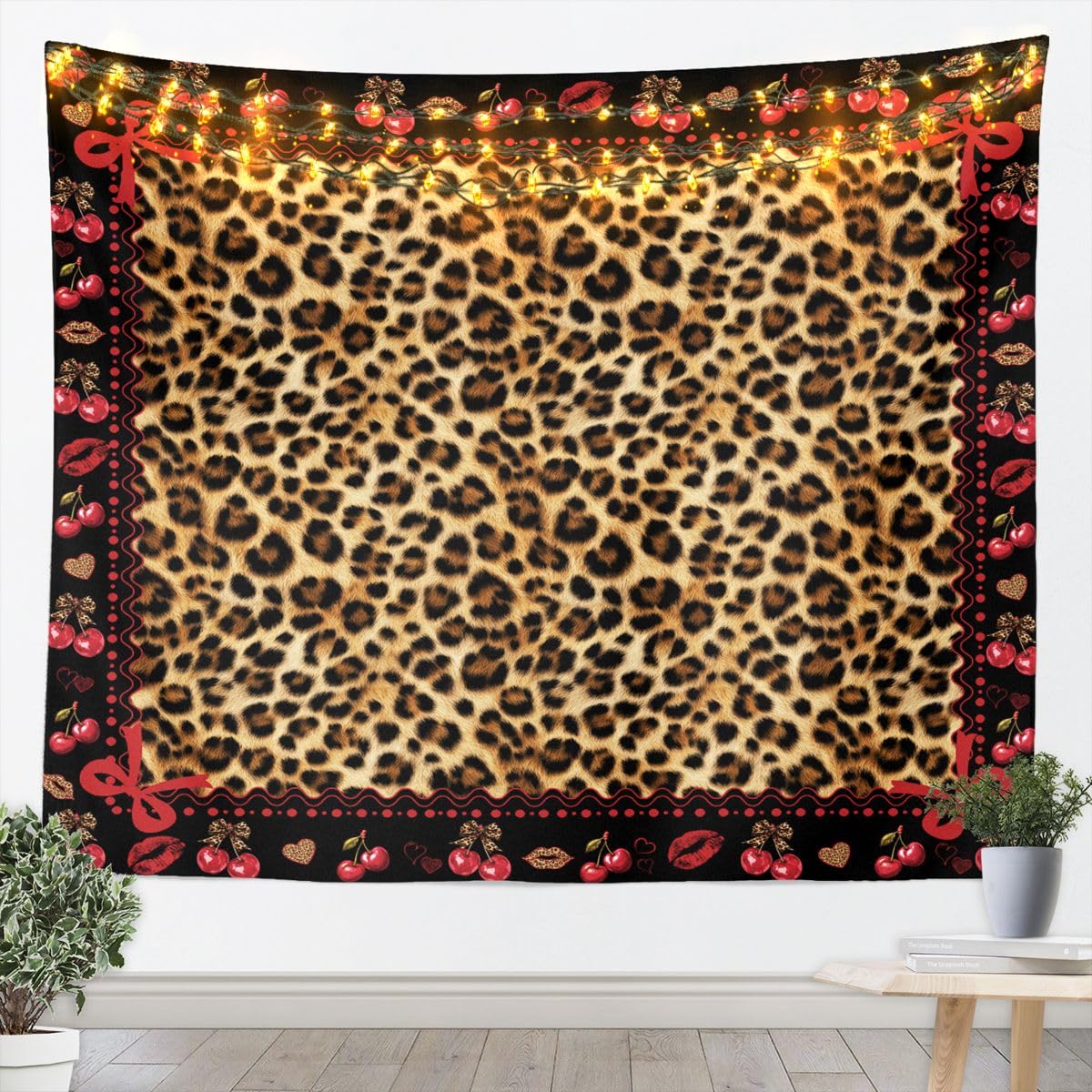 Arazzo Brown Leopard Print Red Bow Cherry Lips Arazzo Da Parete Ufficio 2XL