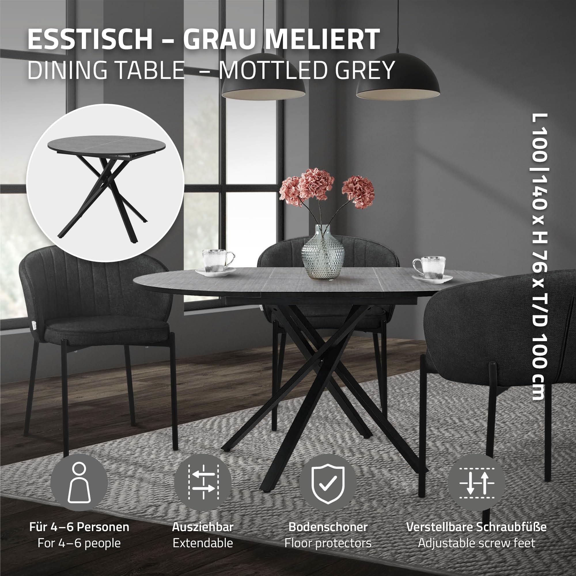 ML-Design Table de Salle à Manger Ronde Extensible pour 4-6 Personnes, Table de Cuisine avec Rallonge en MDF, en Gris Chiné, 100-140 x 76 x 100 cm, Pieds en Acier Forme-X, Meuble Moderne pour Salon