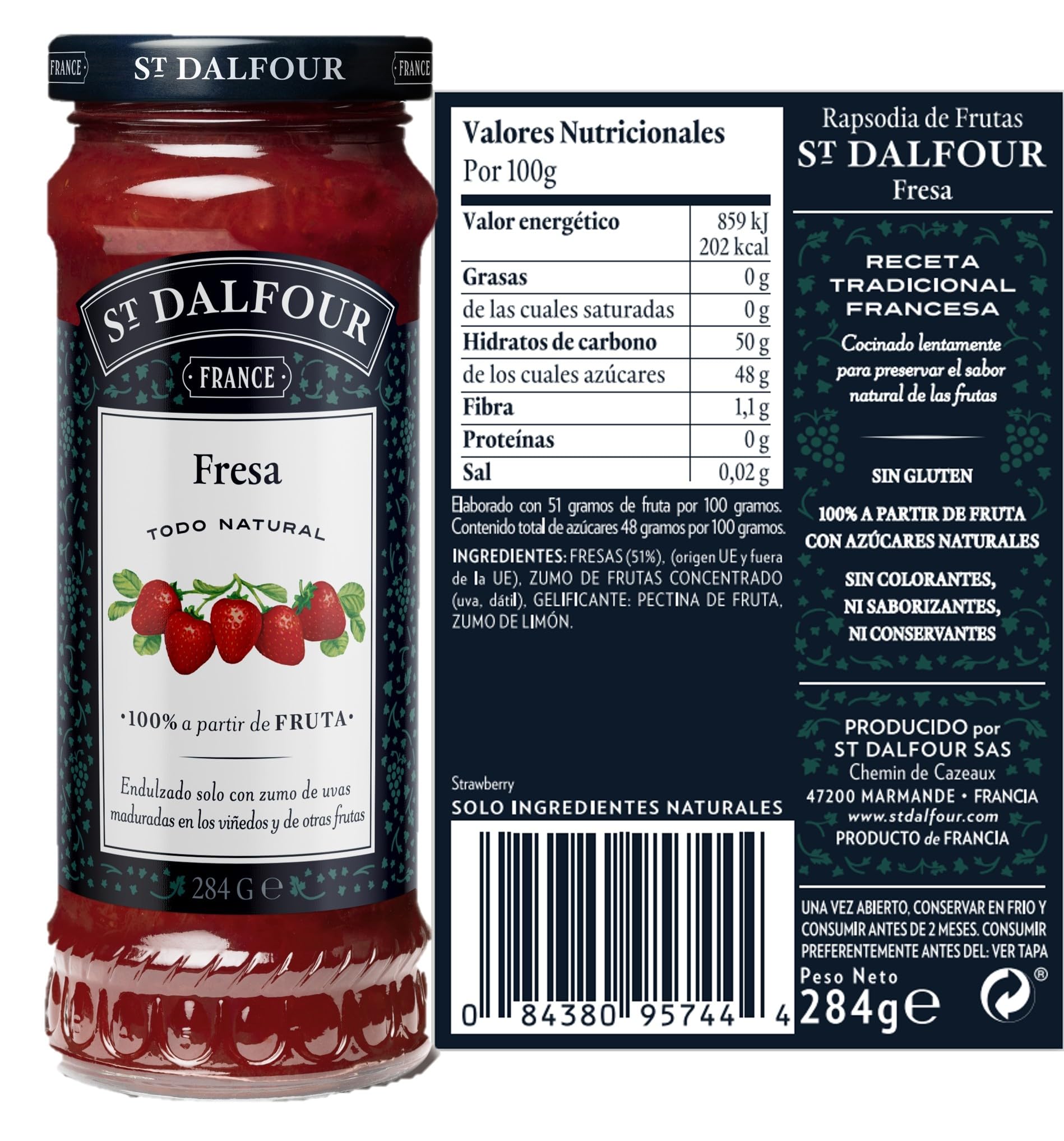 St Dalfour CAJA MIXTA | 2 frascos FRESA, 2 frascos MELOCOTÓN, 2 frascos NARANJA & JENGIBRE | Mermelada natural | Caja 6 frascos x 284gr | 100% fruta sin azúcares añadidos