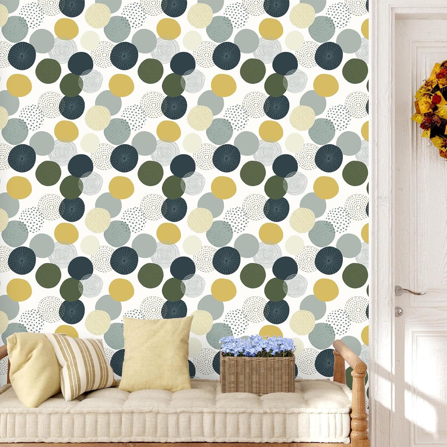 Boho Geometric Peel and Stick Wallpaper for Walls Bedroom Bathroom 17.5"x102" Modern Art Deco Wallpaper Abstract Circle Boho Contact Paper Self Adhesive Contact Paper for Cabinets Decor