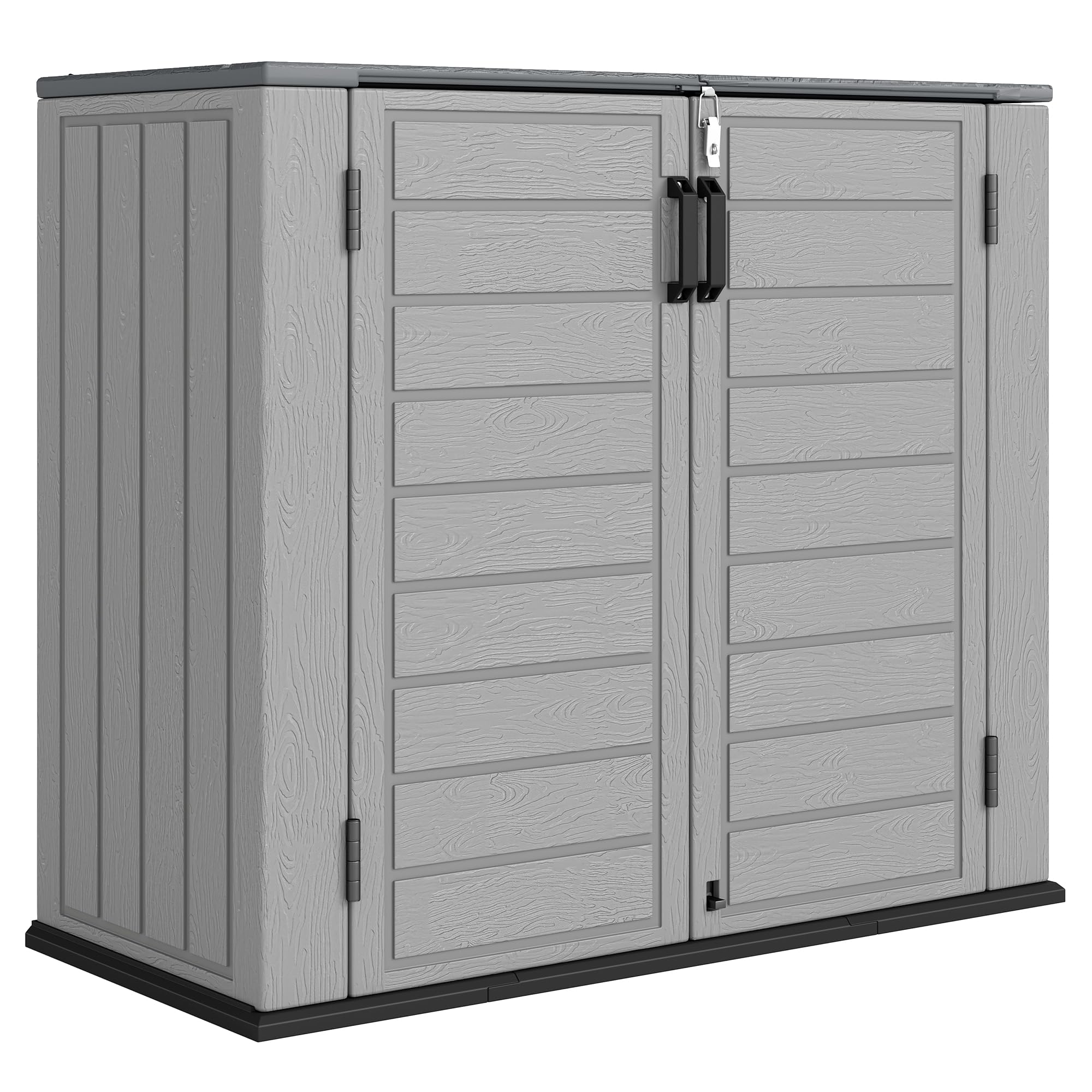 Outsunny 33 Cu.ft Plastic Outdoor Storage Shed with lid and doors open, showing pool accessories stored inside.