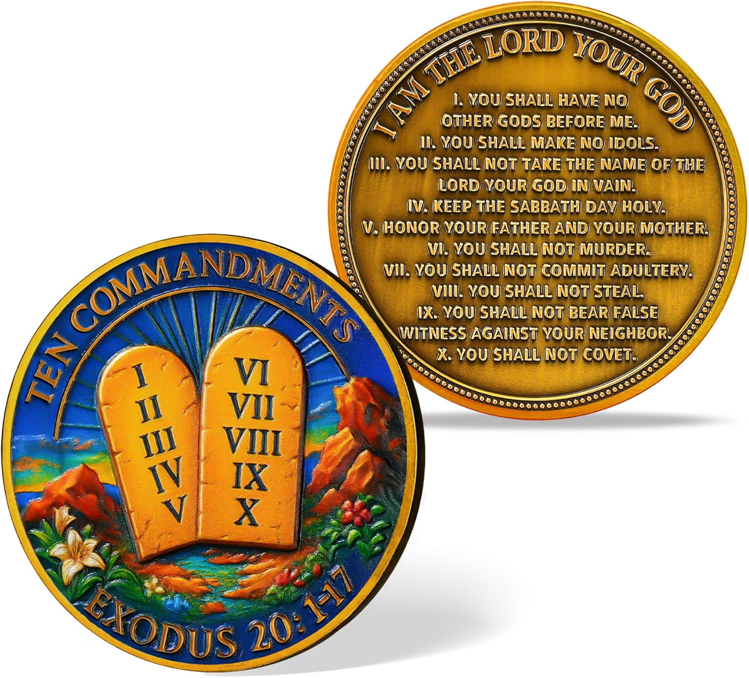 Ten Commandments Challenge Coin - I Am The Lord Your God Medallion with Exodus 20:17 Verse - Christian Faith Token - Religious Commemorative Gift for Men and Women