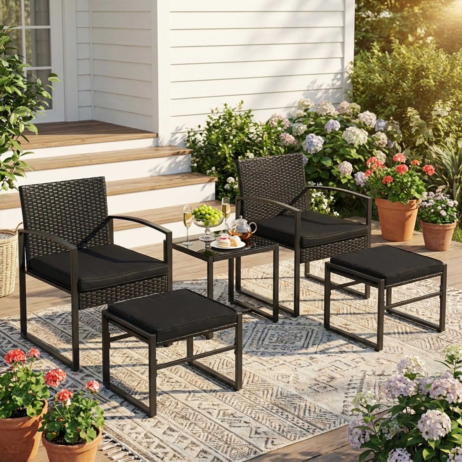 Sessel mit Hocker, 5-teiliges Rattan Gartenmöbel Set