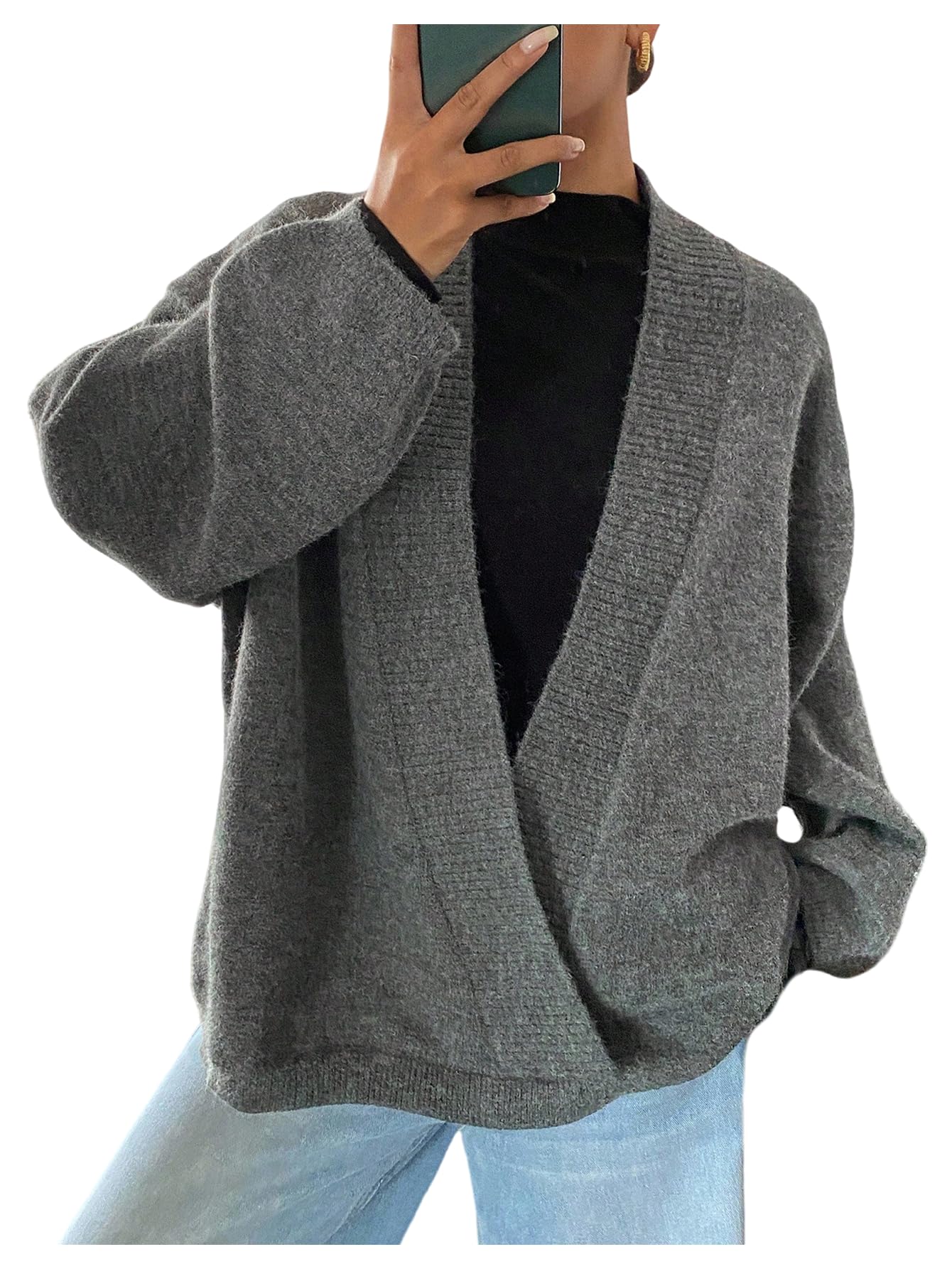 Verdusa Womens Wrap V Neck Oversized Sweaters Old Money Fall Pullover Knit Tops