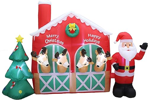 Reno inflable de Papá Noel de 9 pies de largo en establo con árbol de Navidad, lindas luces iluminadas, decoración de fiesta para exteriores, disponible en Yaxa Costa Rica