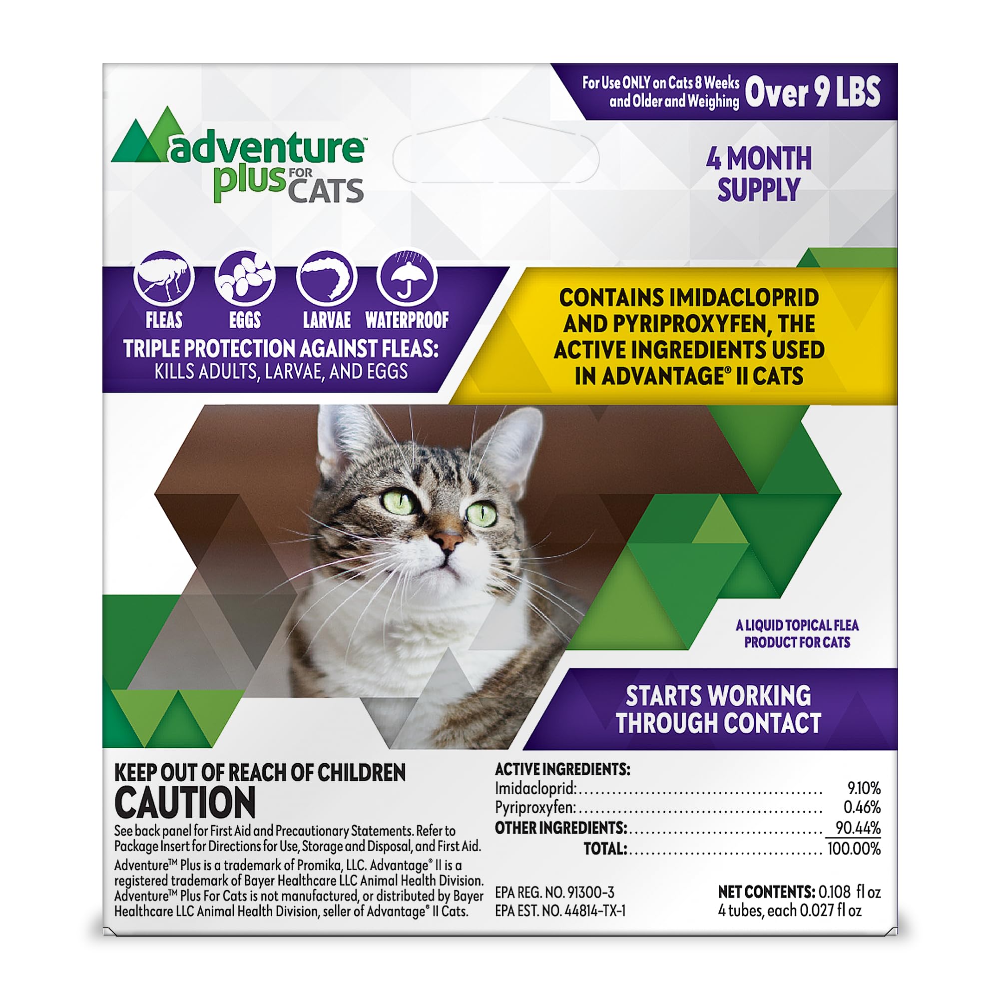 Triple Flea Protection for Cats – Spot on Flea & Tick Prevention for Cats 9lbs & over – 4 Doses
