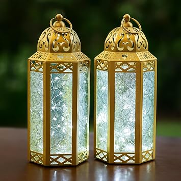 Vela Lanterns Decorative Indoor Fairy Light Candle Holder, Gold, M, 2-Pack | Eid Mubarak & Wedding Decorations, Turkish Moroccan Metal Hanging Lamp, Table Centerpieces, Outdoor Porch, 10.5" Tall