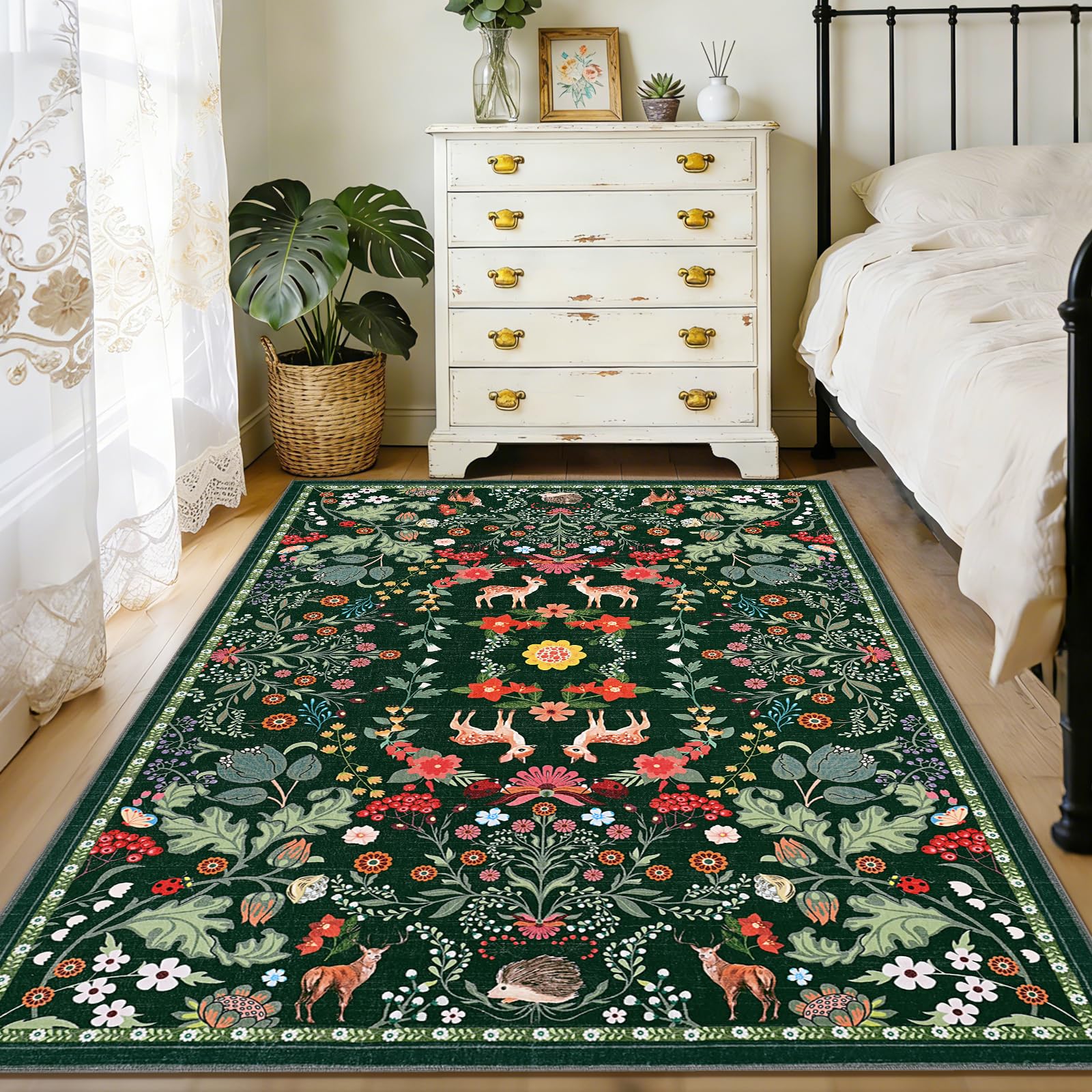 Alishomtll Area Rug Living Room 120x170 cm, Green Vintage Flower Plant Rug
