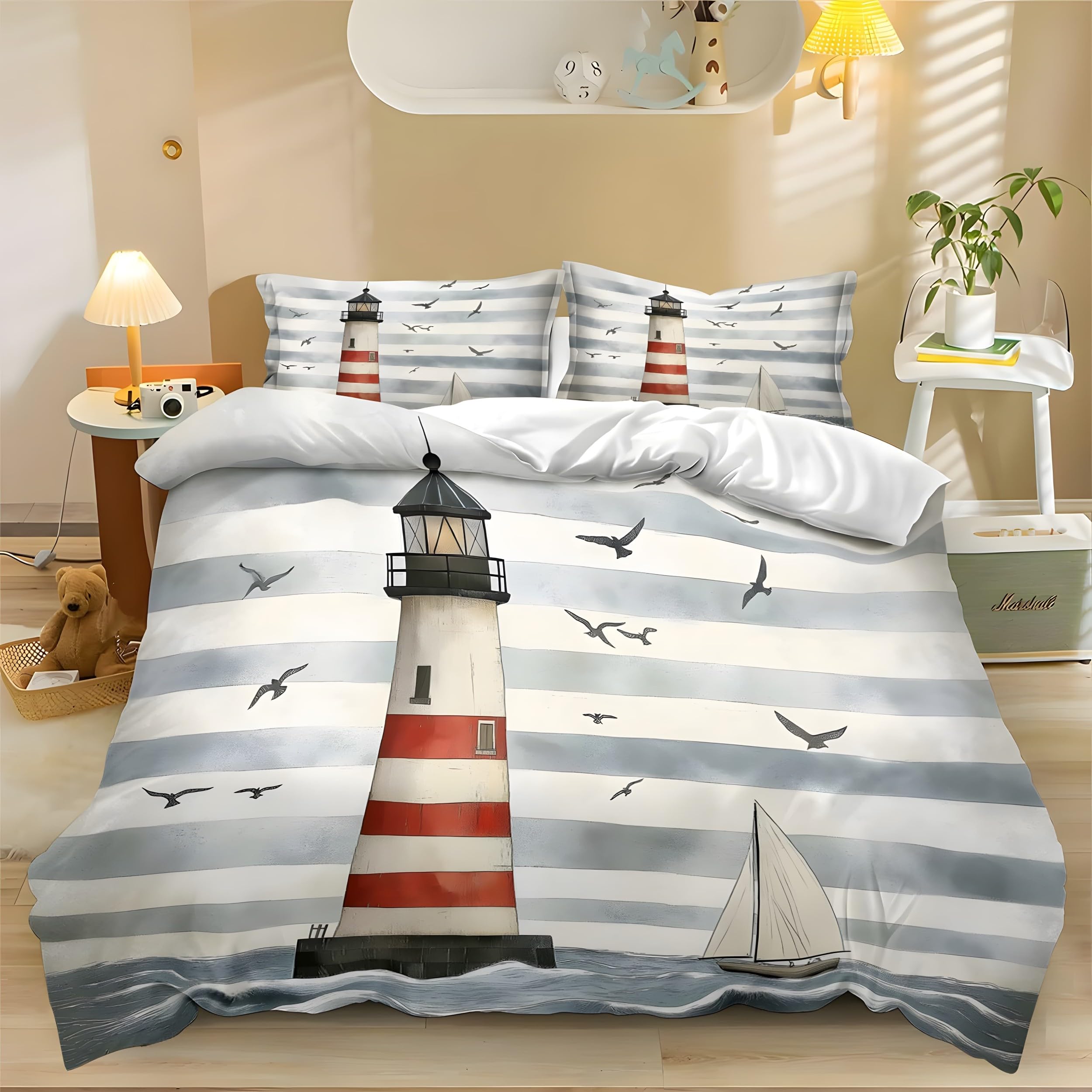 YZQGLHP Seaside Lighthouse Super King Duvet Cover Gray Stripes Bedding Set Soft Cozy Microfibre Duvet Covers 260x220 with Zipper Closure and 2 Pillowcases 50x75cm