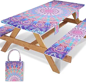 72x30 Picnic Table Cover with Bench Covers Reusable Polyester Camping Tablecloths for Outdoors Camp Trailer Stuff Traveling Road Trip Necessities Retirement Boho Summer Fall Party Decorations